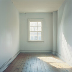 Fototapeta premium A small yet cozy room with a window casting soft shadows on the floor, ideal for real estate photography and interior design inspiration.