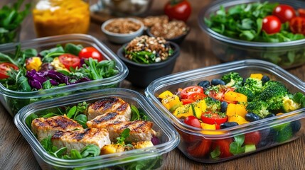 Obraz premium Healthy Meal Prep Containers with Fresh Vegetables and Grilled Chicken