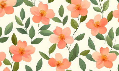 Soft Peach Floral Pattern with Green Leaves on Cream Background