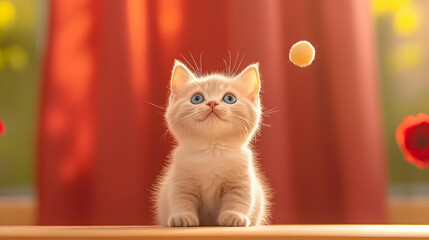 Cute fluffy kitten playing with colorful ball in bright room