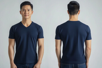 Two men wearing plain dark blue t-shirts, shown from the front and back against a neutral background, ideal for apparel mockups, branding, or fashion design.