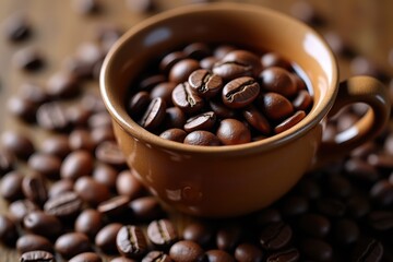 Fototapeta premium Brown Coffee Cup Filled with Roasted Coffee Beans on a Rustic Wooden Surface