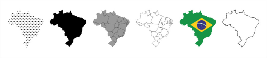 Brazil map vector icon set. Silhouette, states, regions,  outline, flag, flat, dotted styles. Isolated on transparent background © infinity
