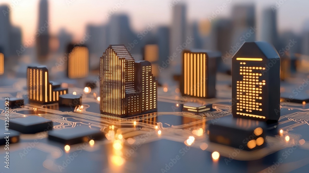 Poster a detailed cityscape showcasing illuminated buildings on a circuit board, blending urban architectur