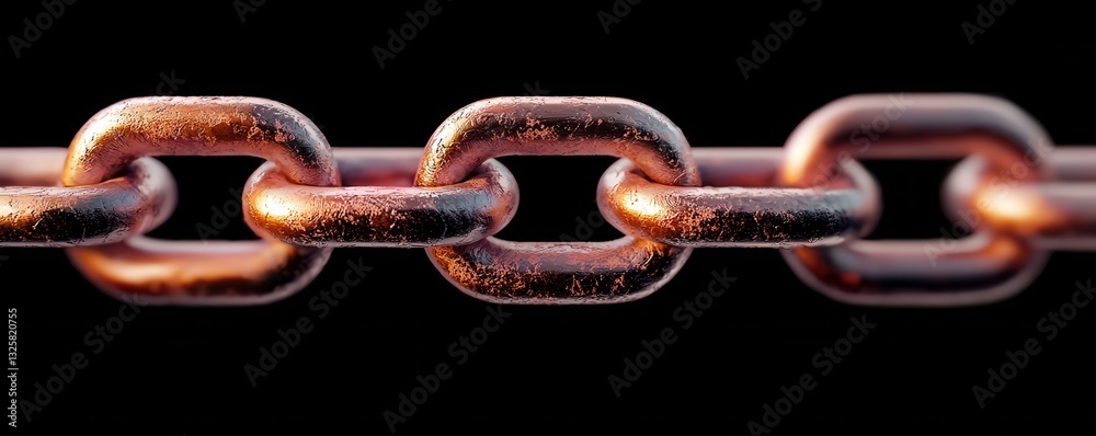 Poster a close-up view of a rusty metal chain, showcasing its links against a black background, emphasizing