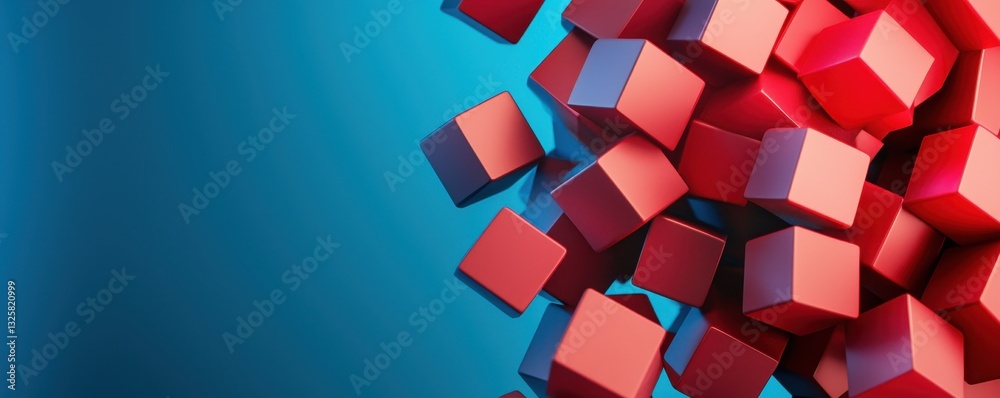 Poster Colorful red cubes arranged dynamically against a blue background, creating a modern and abstract visual effect.