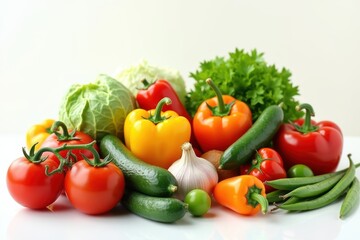 Fresh Organic Vegetables Assortment Including Peppers, Tomatoes, Cucumbers, Garlic, and Greens on White Background.