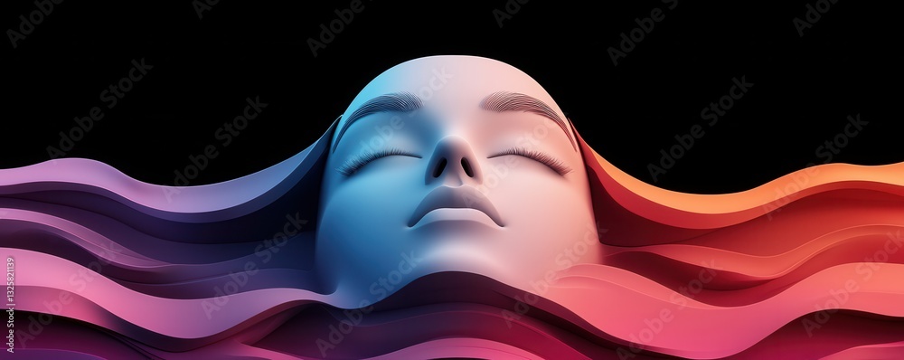 Poster a serene, stylized face emerges from flowing waves of color against a dark background, evoking tranq