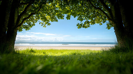 Fototapeta premium Scenic Beach View Framed By Lush Green Trees