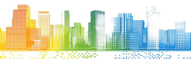 Multicolored skyline silhouette transitions through rainbow spectrum
