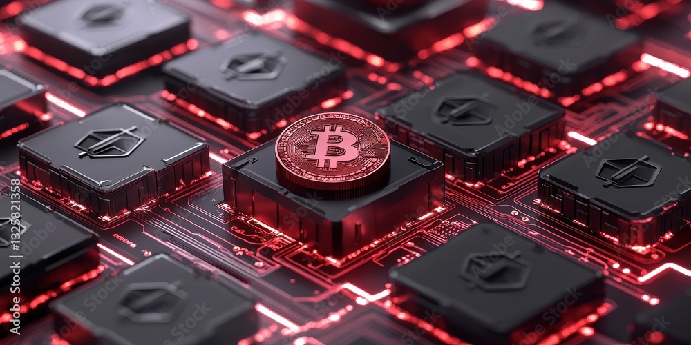 Poster a close-up of a circuit board featuring a prominent bitcoin symbol amidst dark chips with red lighti