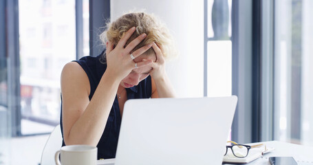 Stress, business woman and laptop with headache for financial crisis, loss or debt in office....
