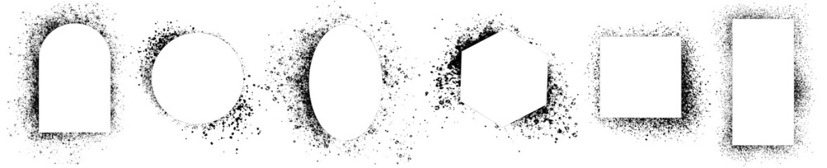 Set of black frames, various spray stencils isolated on white background. Urban street graffiti style. Airbrush paint splatter borders, grunge street art with splash effect and drops. Vector