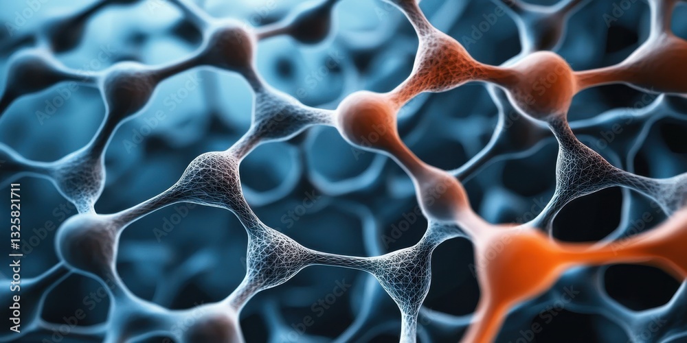 Poster a close-up view of interconnected cells, showcasing intricate structures in shades of blue and orang
