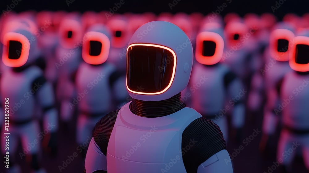 Aufkleber a crowd of futuristic humanoid figures with glowing red accents, standing eerily in a dark environme