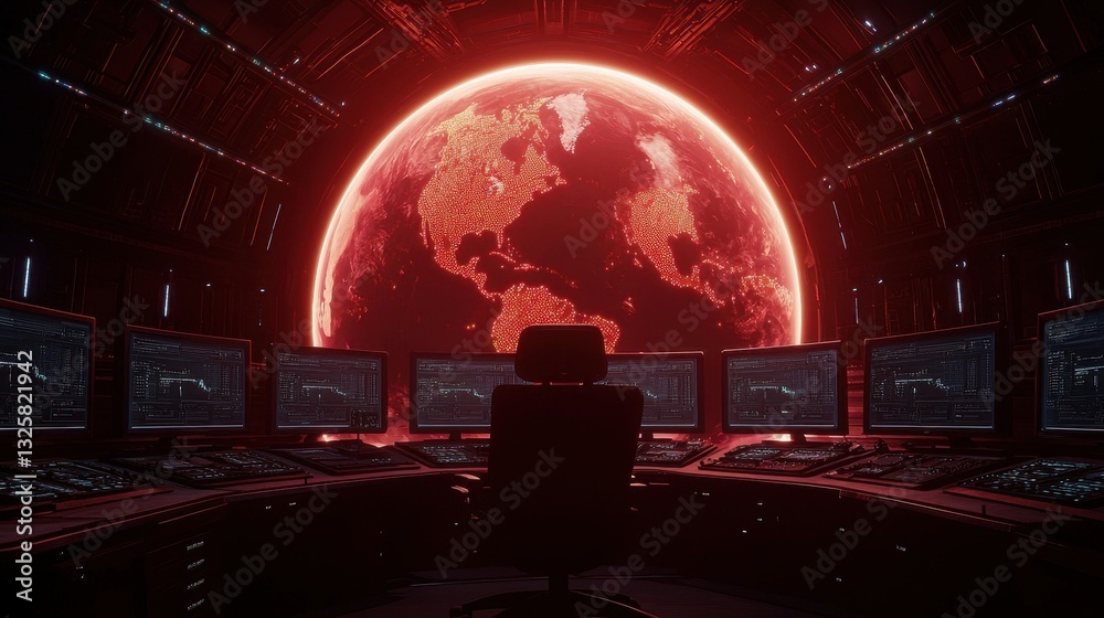 Poster A futuristic control room with multiple screens overlooking a glowing red planet, creating an intense and immersive atmosphere.