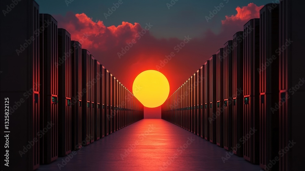 Poster a captivating sunset illuminates a pathway flanked by tall structures, creating a serene yet dramati