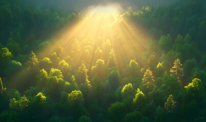 Fototapeta premium Soft Sunlight Streaming Through Forest Canopy in Early Morning