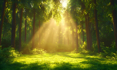 Obraz premium Sunlight Filtering Through Trees in a Lush Green Forest Setting