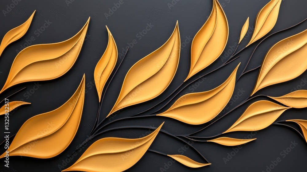 Poster a vibrant display of golden leaves against a dark background, showcasing an artistic and modern desi