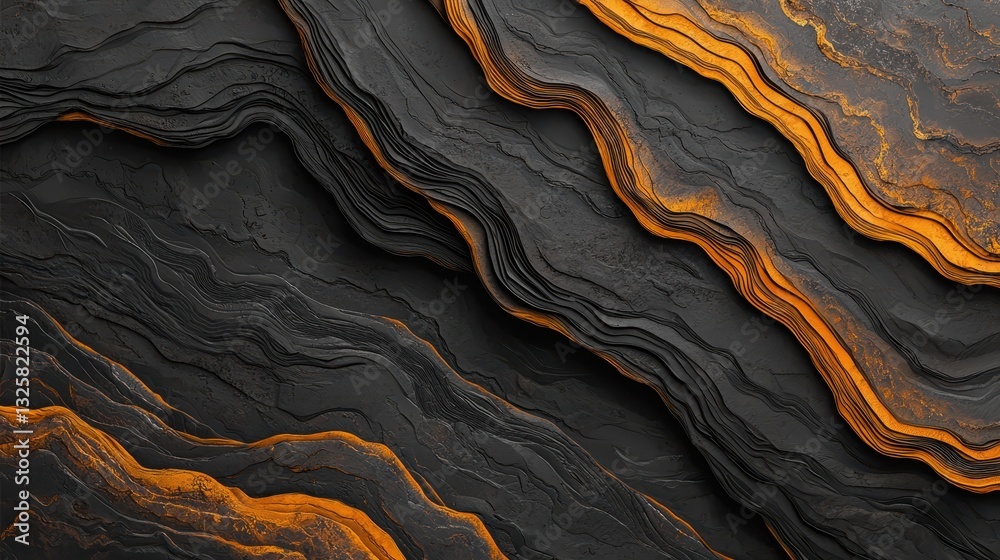 Poster a stunning abstract image featuring flowing layers of dark stone with vibrant orange highlights, cre