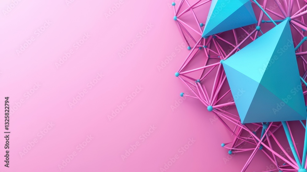 Poster a vibrant geometric design featuring blue pyramids on a pink background, combining modern aesthetics