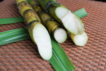 A bunch of sugar cane is cut into small pieces