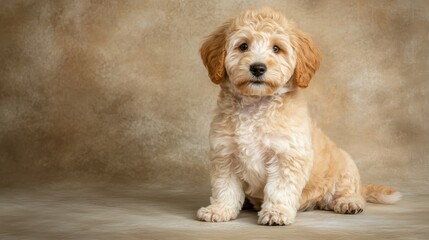 Adorable fluffy puppy sitting on textured background with soft, warm tones in studio setting
