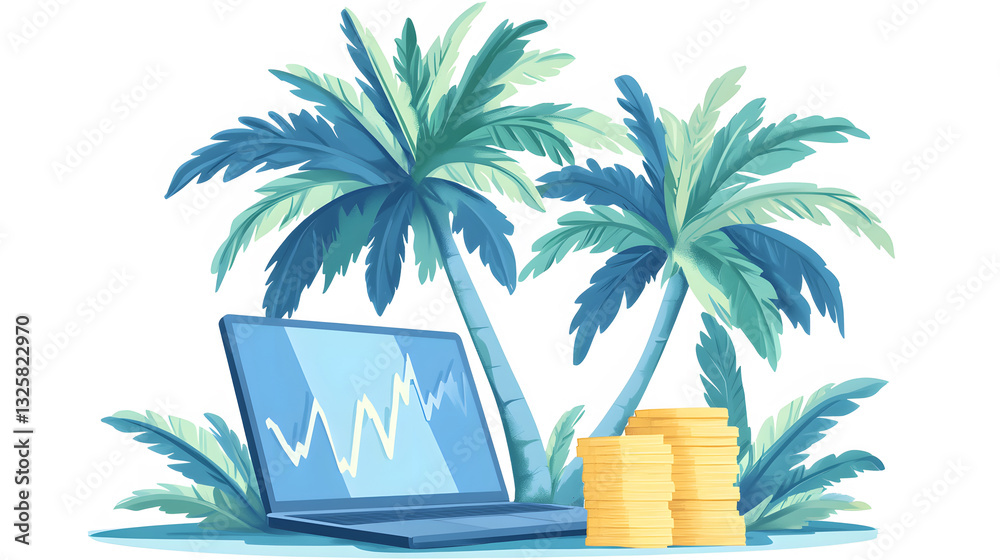 Poster a serene digital scene featuring a laptop displaying a graph, surrounded by tropical palm trees and 