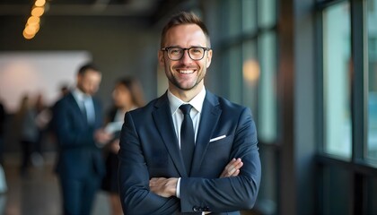 Fototapeta premium Professional Pose: A confident businessman in a tailored suit and glasses stands with arms crossed, emanating professionalism and approachability.