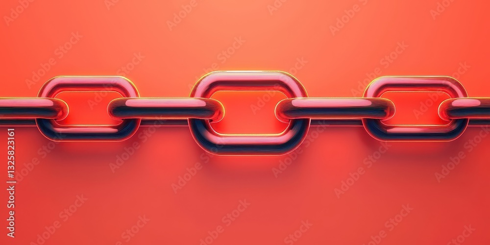 Poster a close-up of a shiny chain against a vibrant red background, showcasing interlinked metal links.