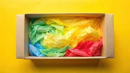 Vibrant colored tissue paper inside an open box with a clear plastic window on top and soft yellow interior surface , soft yellow, colorful packaging