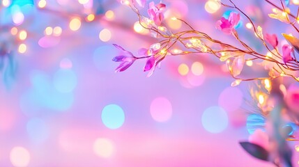Delicate Flower Branch with Twinkling Lights and Soft Bokeh Background