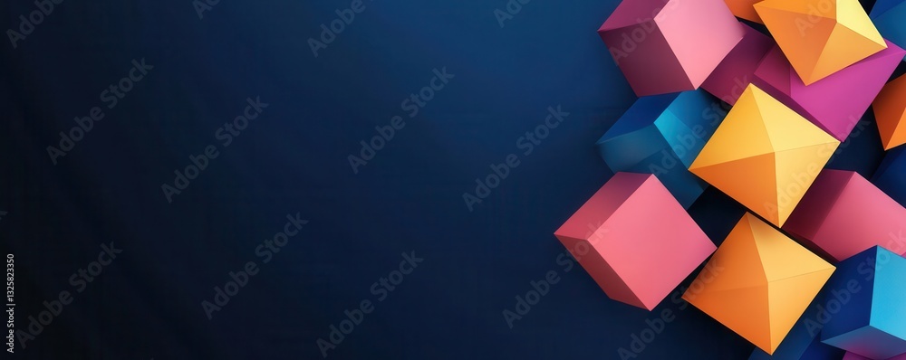 Poster a vibrant arrangement of colorful geometric shapes against a dark background, showcasing depth and d