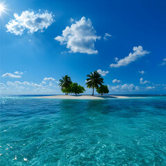 Fototapeta premium Small Tropical Island With Lush Green Trees In The Middle Of Turquoise Ocean Under Blue Sky With White Clouds And Sun
