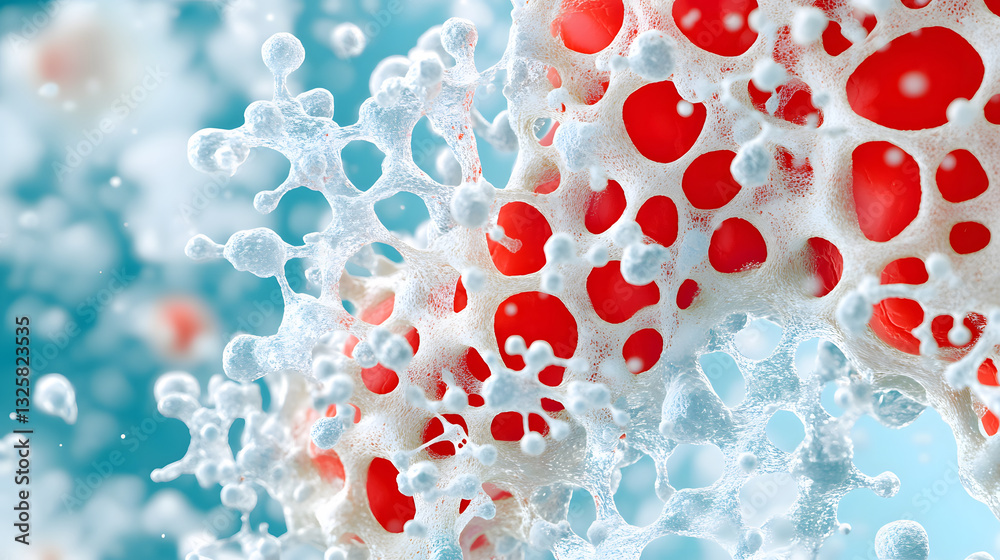 Poster a vibrant abstract representation with red and white bubbles against a blue background, suggesting m