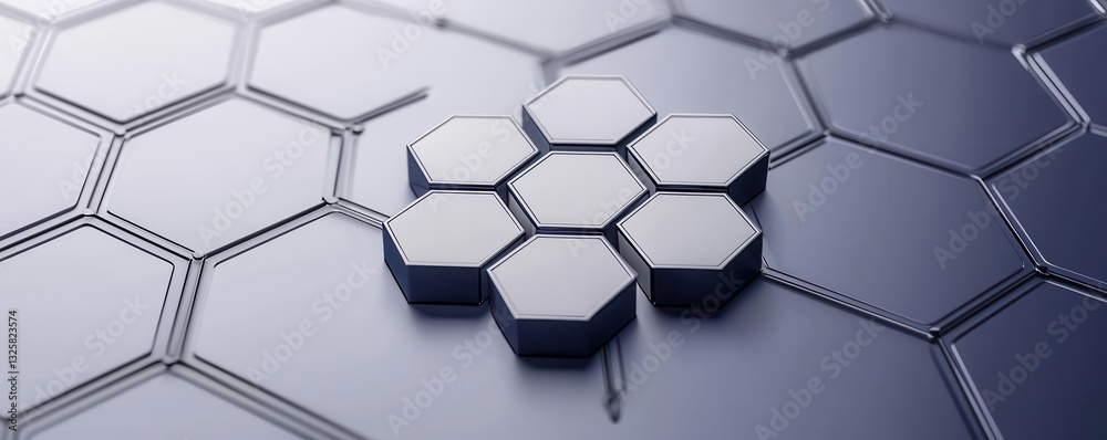 Poster A close-up view of hexagonal patterns with a central cluster, showcasing a modern, geometric design in a sleek, metallic finish.
