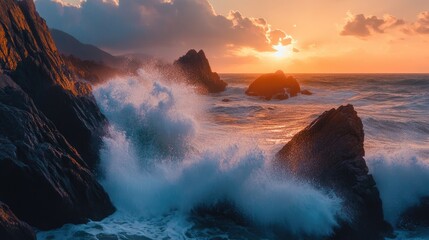 Fototapeta premium Sunset Over Rocky Coastline with Waves Crashing Dramatically