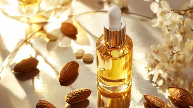 A serene image of a luxurious almond oil elixir in a glass bottle, surrounded by whole almonds and soft, glowing light. The warm golden hues and reflective surfaces highlight the nourishing 