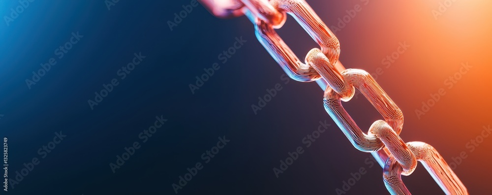 Poster a close-up image showing a metallic chain link against a gradient background of blue and orange hues