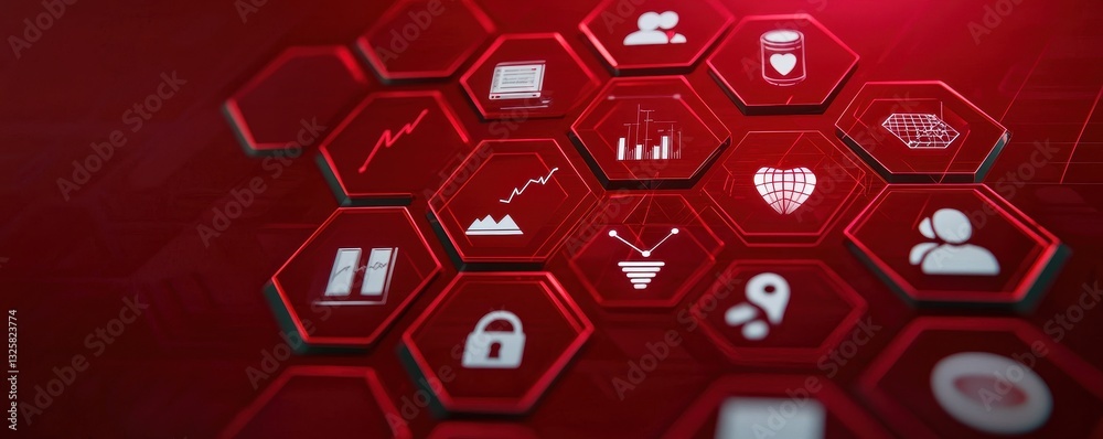 Aufkleber a collection of hexagonal icons on a red background, representing various themes like health, securi