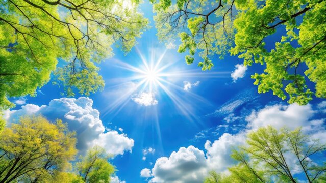A bright sunny sky with a few white clouds scattered across it, a clear spring day with a gentle breeze blowing gently through the trees , white clouds, clear spring