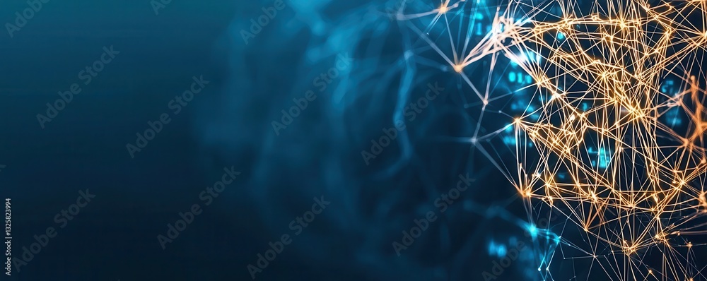 Poster A visually striking abstract image featuring interconnected lines and nodes illuminated by glowing lights against a deep blue background.