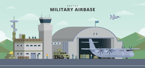 Military airbase background. Vector landscape illustration editable modular elements