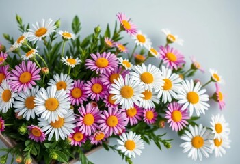 Fototapeta premium A charming corner bouquet of daisies, lush green foliage accents, wedding, floral corner