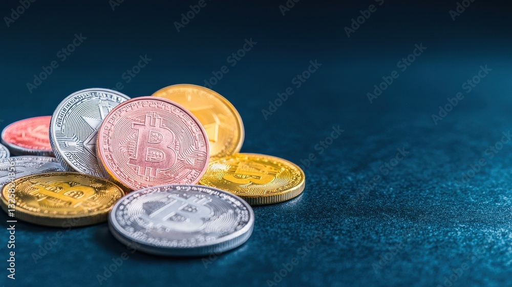 Poster a collection of colorful coins arranged artistically on a textured surface, showcasing various desig