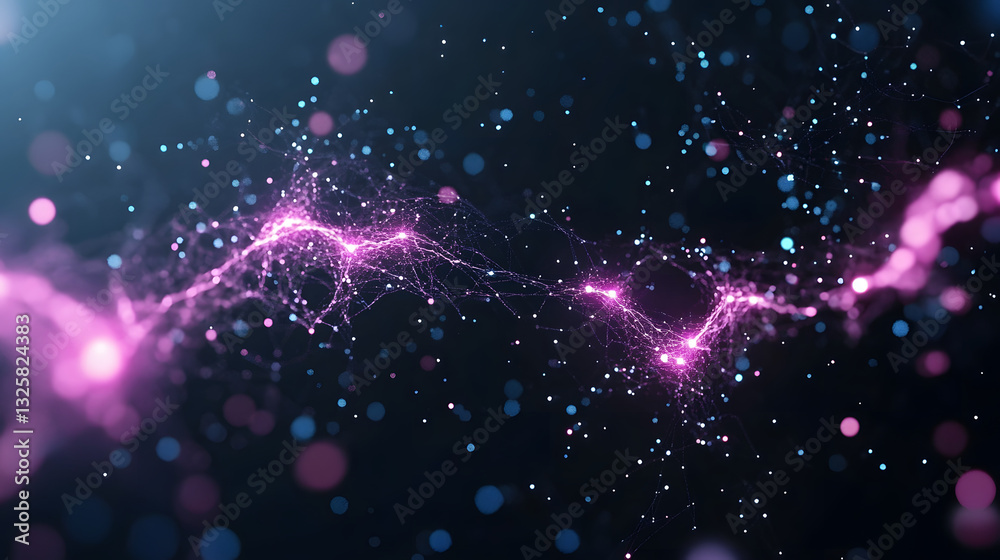 Poster a vibrant, abstract depiction of interconnected particles and lights, showcasing a cosmic theme with
