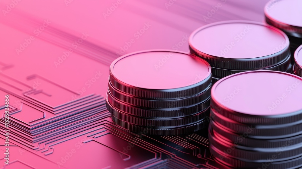 Poster a stack of coins set against a digital circuit background, highlighted with a pink hue, symbolizing 