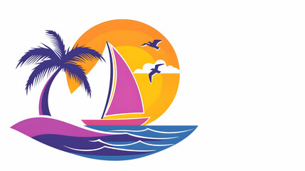 Obraz premium Colorful Sailboat on Tropical Island with Palm Tree and Sunset
