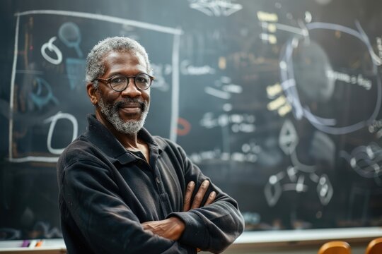 Explaining math to students blackboard standing glasses.